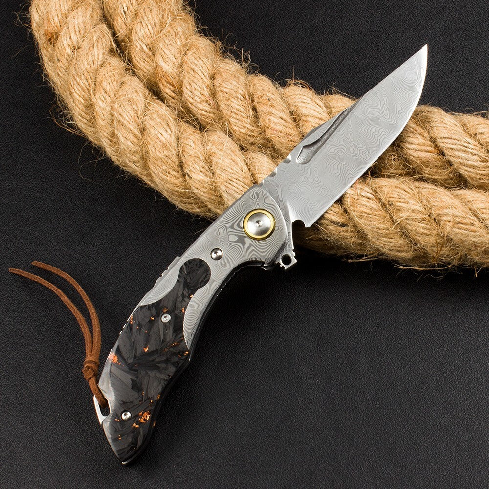8'' New FlodingKnife Crushed Pocket Camping Outdoor Damascus Blade Knife VTF81