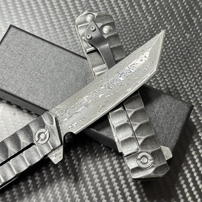 8'' New Damascus Blade Full Steel handle Camping Folding Knife VTF51M