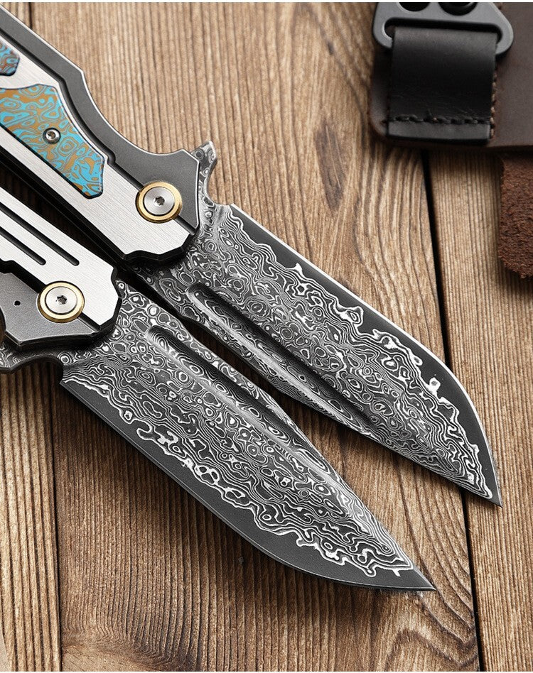 8'' New VG10 Damascus Blade Full T4C Titanium Handle  Folding Camping Outdoor Utility Pocket Knife VTF47