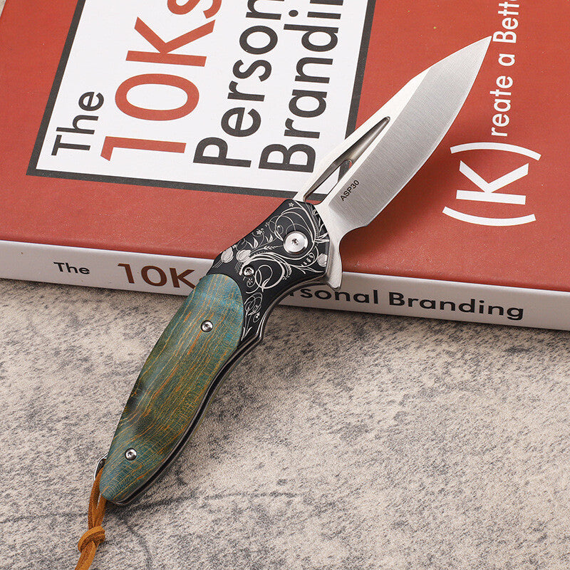 7.5''New Manual Folding Knife ASP30 Steel Blade Wood Handle Pocket Knife VTF198