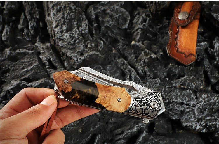 8'' New Folding Knife VG10 Damascus Blade Wood Handle Camping Knife VTF152