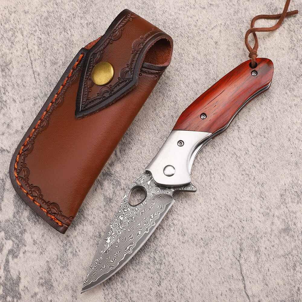 New Folding Knife VG10 Damascus Blade Wood Handle Camping Knife VTF43