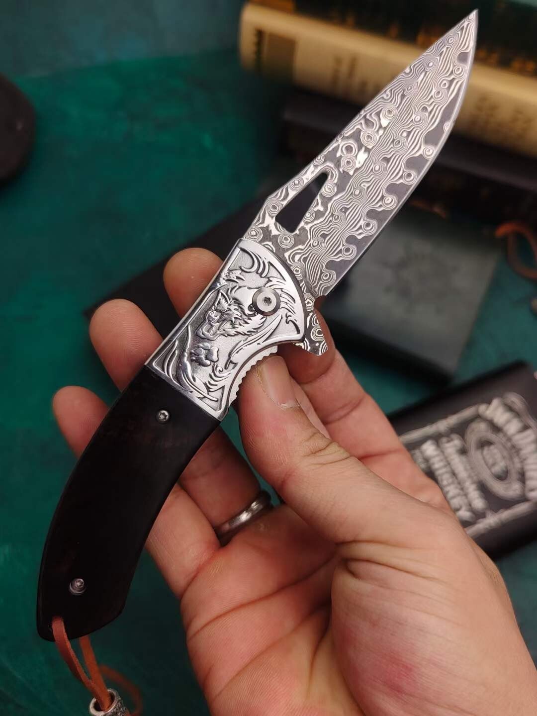 8''New Ebony Handle VG10 Damascus Blade Outdoor Tool Pocket Folding Knife VTF45W
