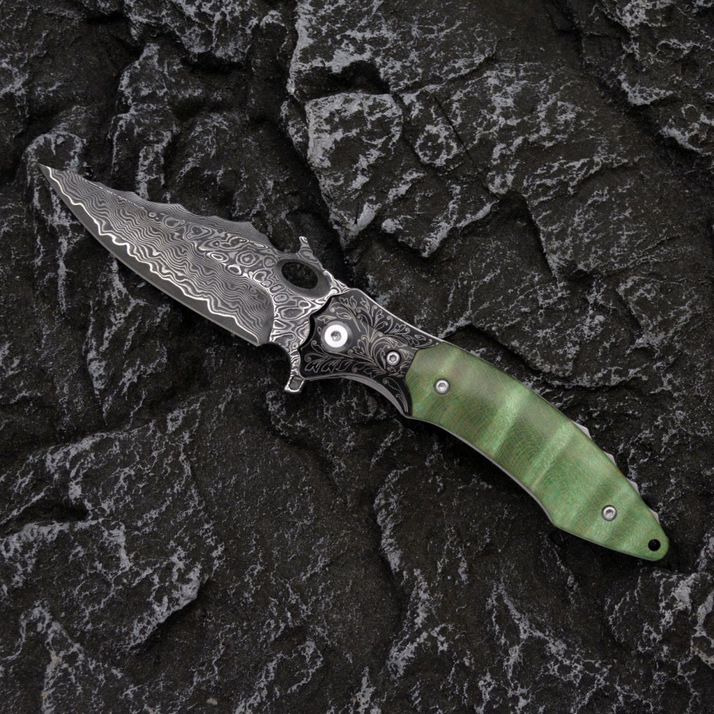 8'' New Fast Opening VG10 Damascus Blade Wood Handle Pocket Folding Knife VTF22