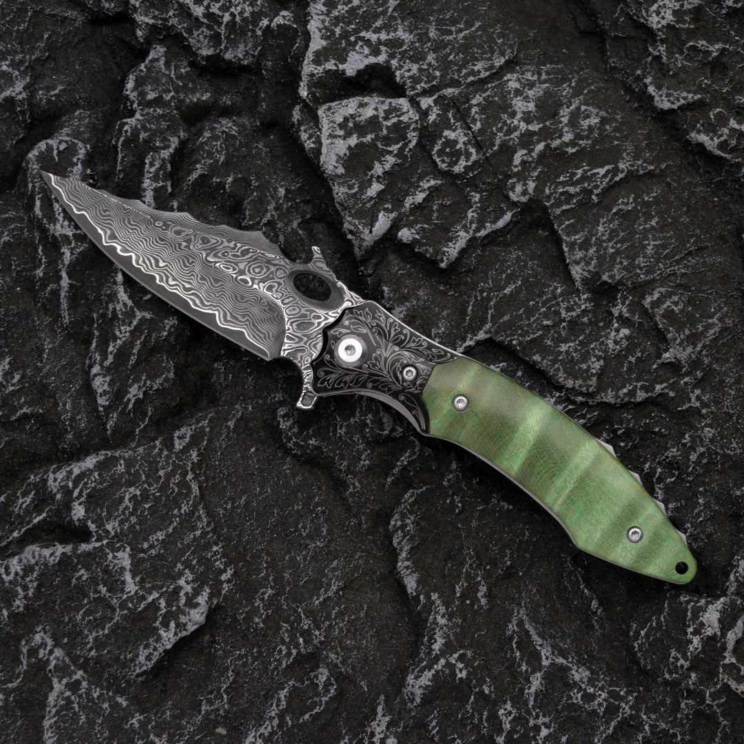 8'' New Fast Opening VG10 Damascus Blade Wood Handle Pocket Folding Knife VTF22