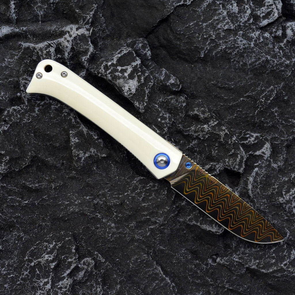 7.5''New Grade Copper Damascus Blade Bone Handle Camping EDC Folding Knife VTF13