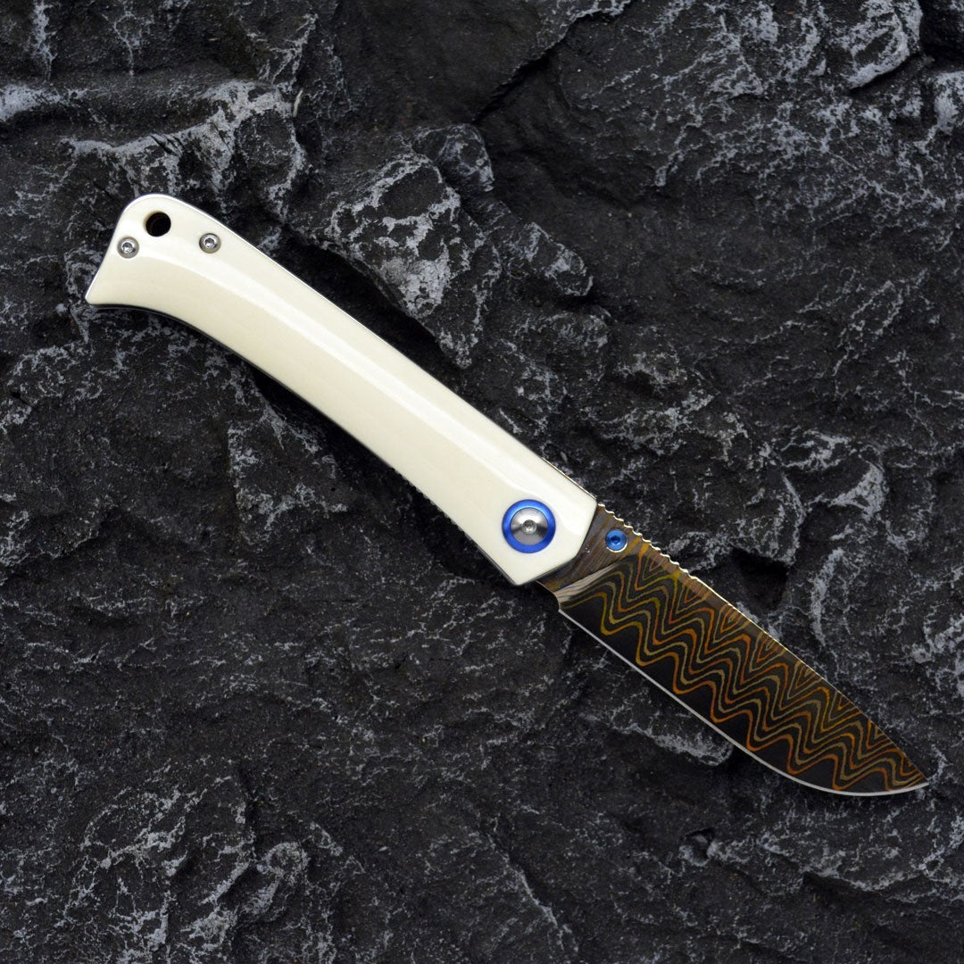 7.5''New Grade Copper Damascus Blade Bone Handle Camping EDC Folding Knife VTF13