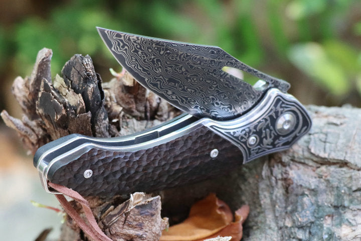 8'' New Manual VG10 Damascus Blade Ebony Handle Pocket Folding Knife VTF73