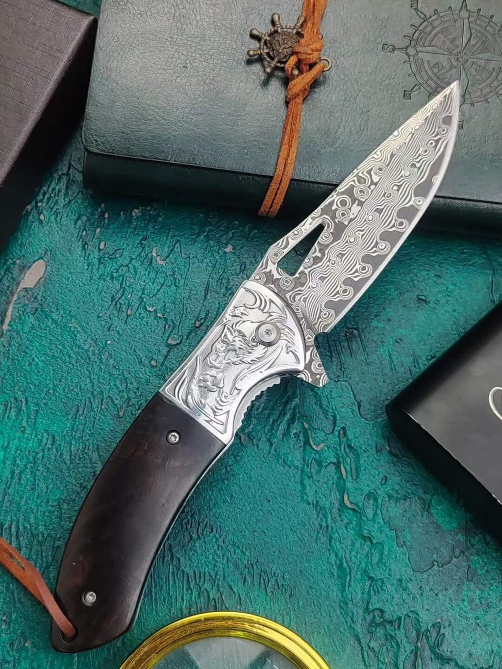 8''New Ebony Handle VG10 Damascus Blade Outdoor Tool Pocket Folding Knife VTF45W