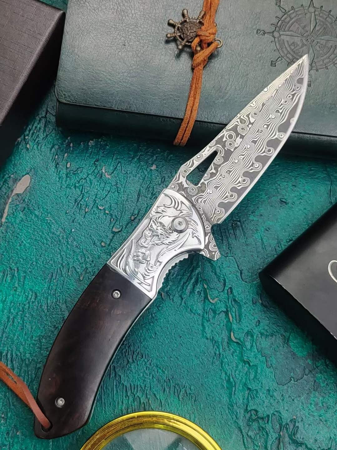 8''New Ebony Handle VG10 Damascus Blade Outdoor Tool Pocket Folding Knife VTF45W