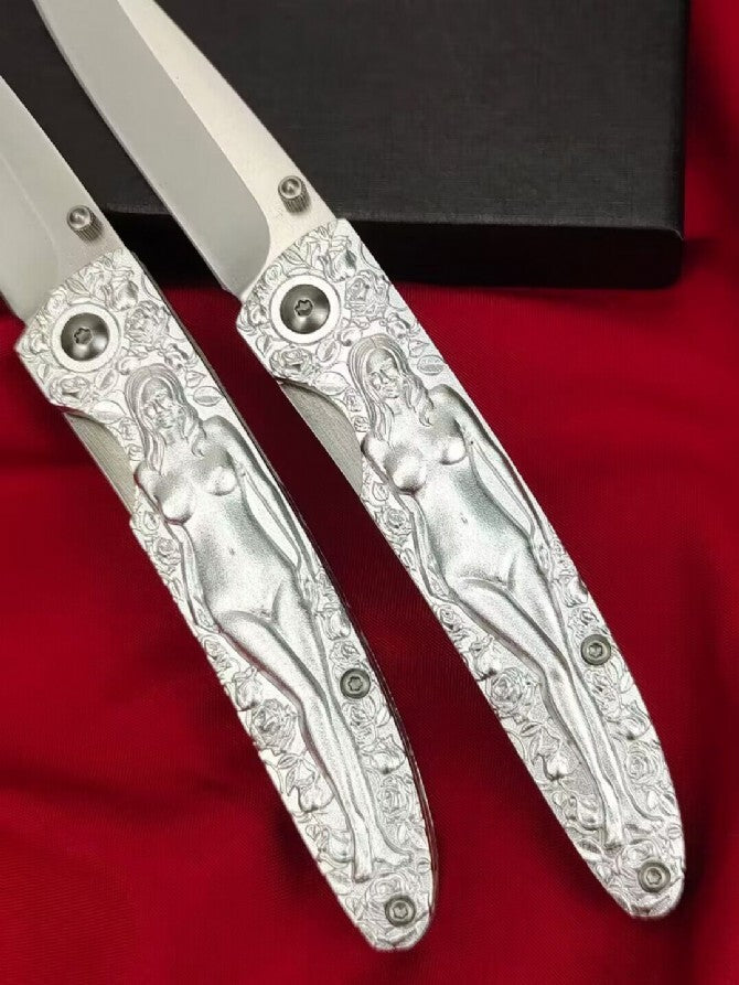 7'' New M390 Steel Blade Carve Sexy Portrait Aluminum Handle Folding Knife VTF04
