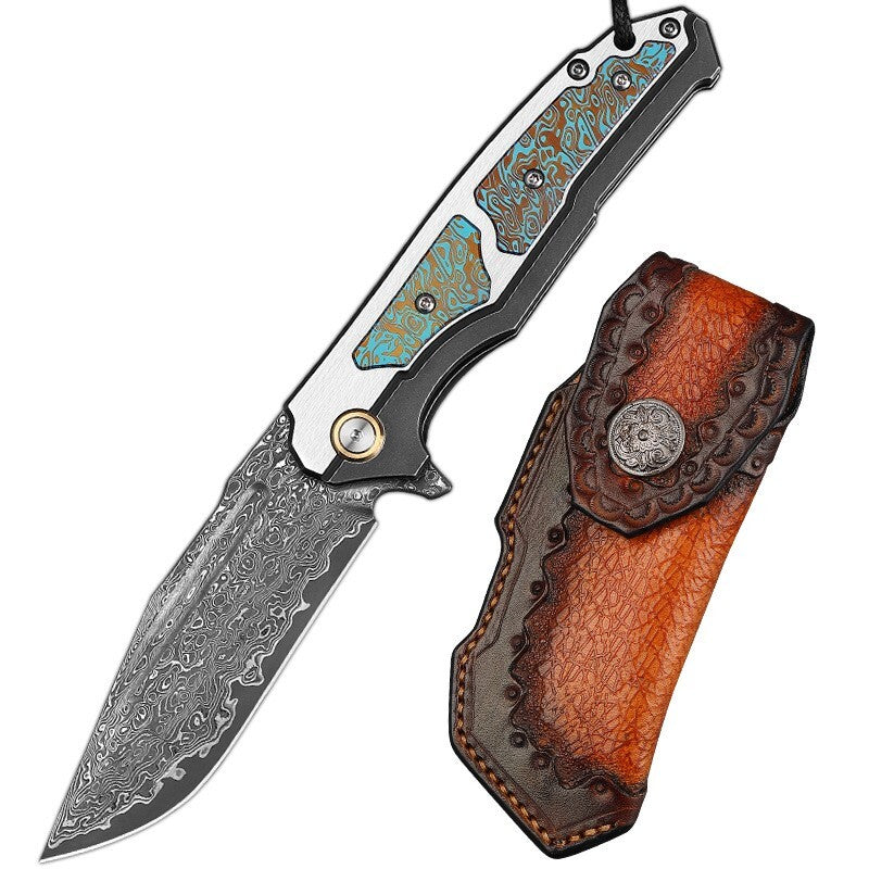 8'' New VG10 Damascus Blade Full T4C Titanium Handle  Folding Camping Outdoor Utility Pocket Knife VTF47