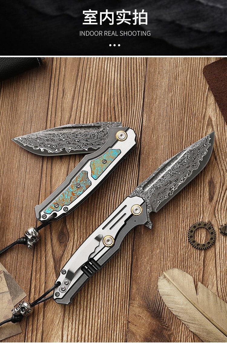 8'' New VG10 Damascus Blade Full T4C Titanium Handle  Folding Camping Outdoor Utility Pocket Knife VTF47