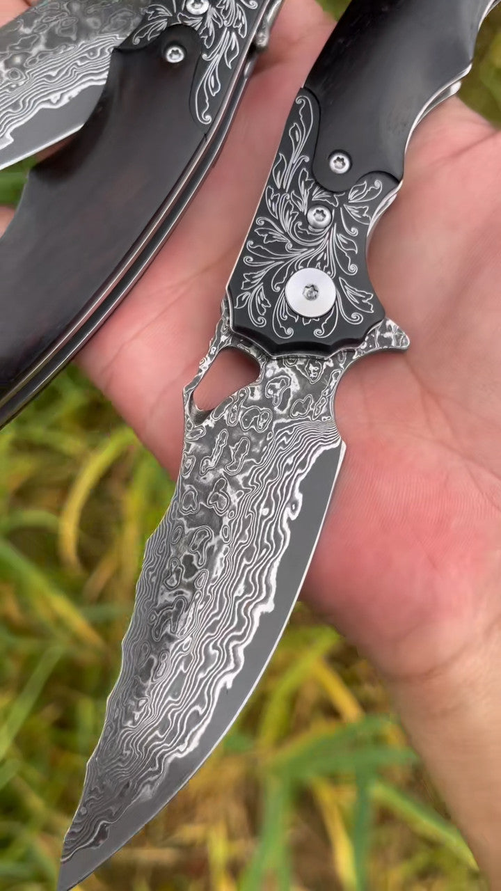 New VG10 Damascus Blade Wood Handle Outdoor Utility Folding Knife VTF41B