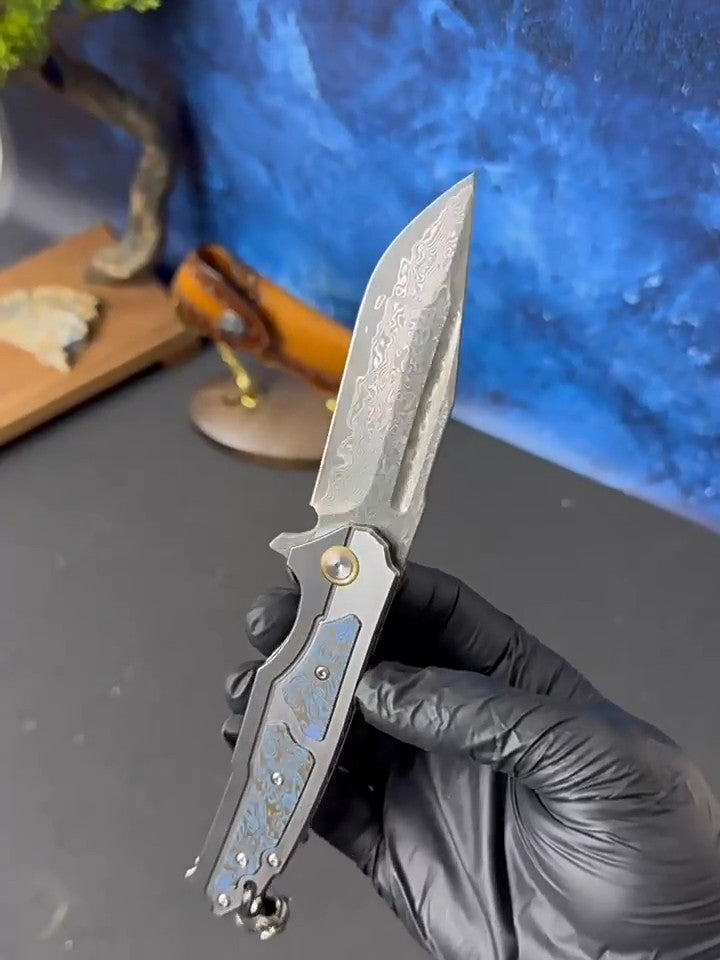 8'' New VG10 Damascus Blade Full T4C Titanium Handle  Folding Camping Outdoor Utility Pocket Knife VTF47