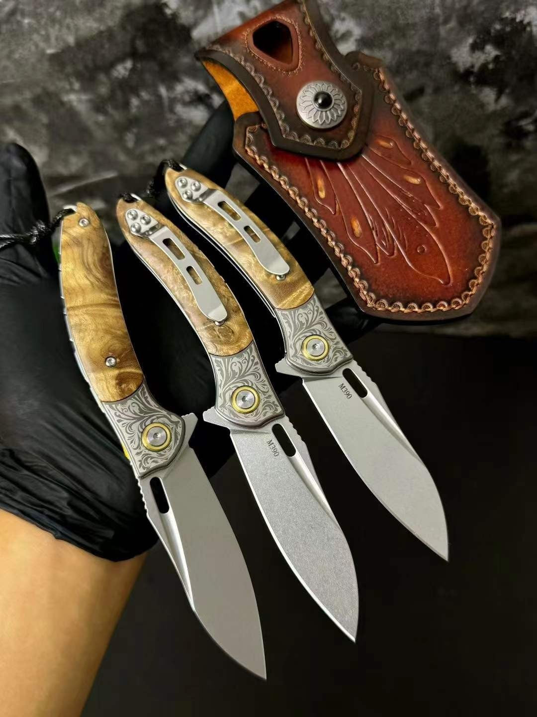 7''New Manual Folding Knife Stone Wash M390 Blade Wood Handle Pocket Knife VTF88