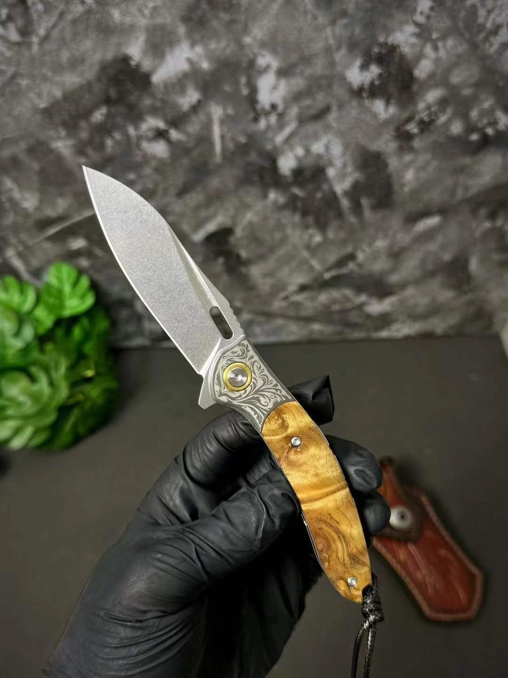7''New Manual Folding Knife Stone Wash M390 Blade Wood Handle Pocket Knife VTF88
