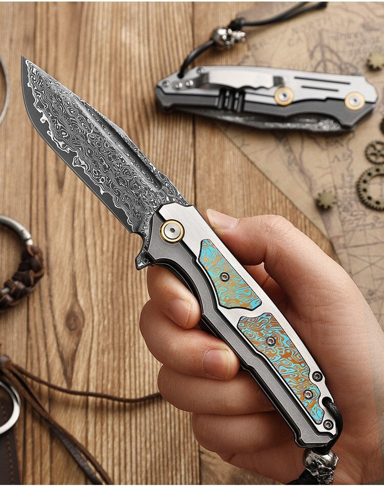 8'' New VG10 Damascus Blade Full T4C Titanium Handle  Folding Camping Outdoor Utility Pocket Knife VTF47