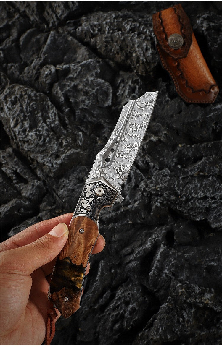 8'' New Folding Knife VG10 Damascus Blade Wood Handle Camping Knife VTF152
