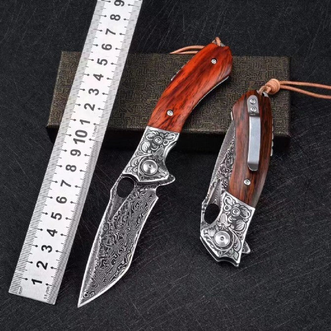 8'' New Folding Knife Wood Handle VG10 Damascus Blade Camping PocketKnife VTF42