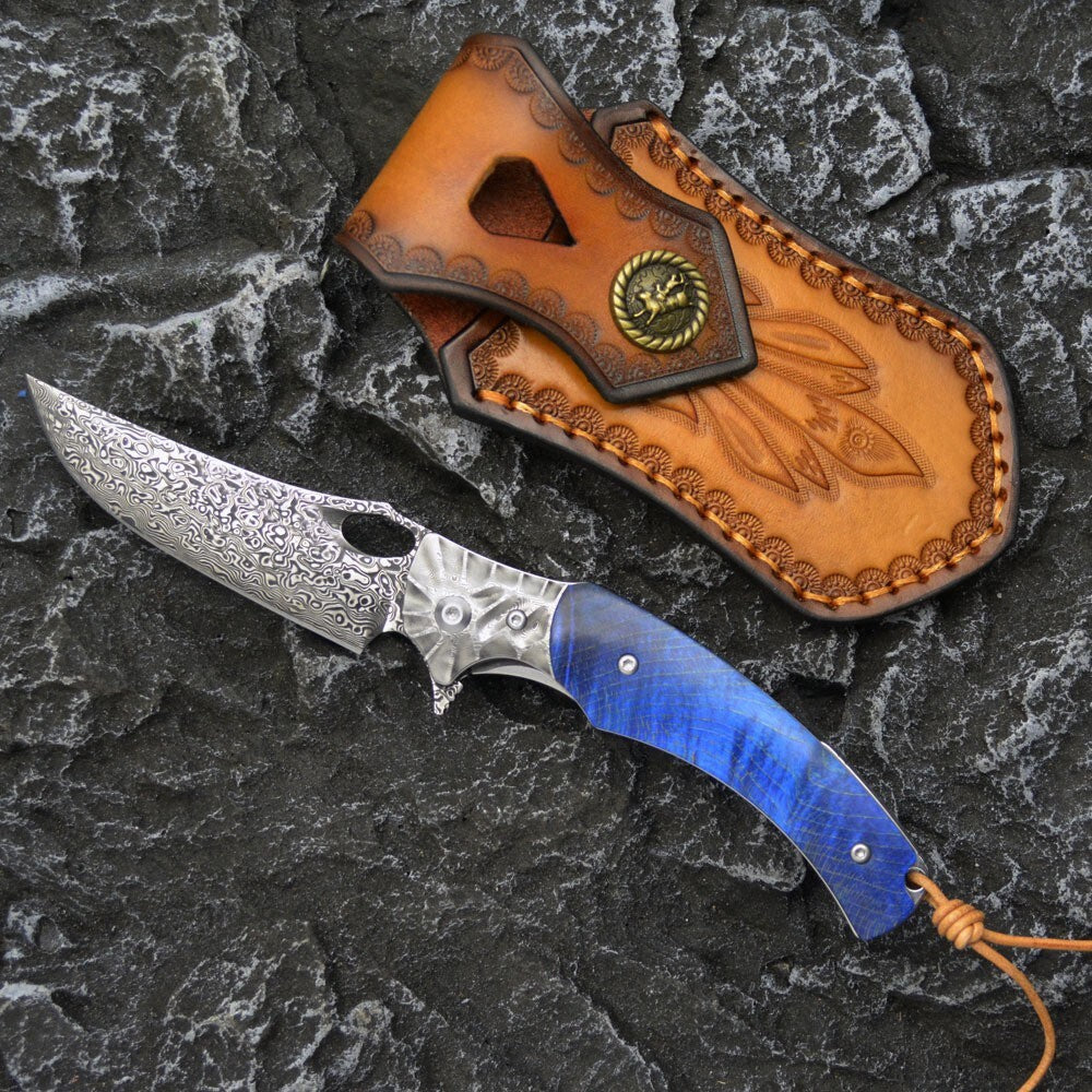 8'' New Fast Opening VG10 Damascus Blade Wood Handle Pocket Folding Knife VTF29