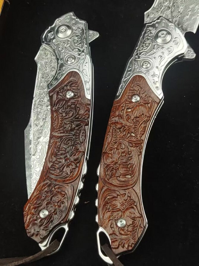 8'' New Folding Knife VG10 Damascus Blade Wood Handle Camping Knife VTF86